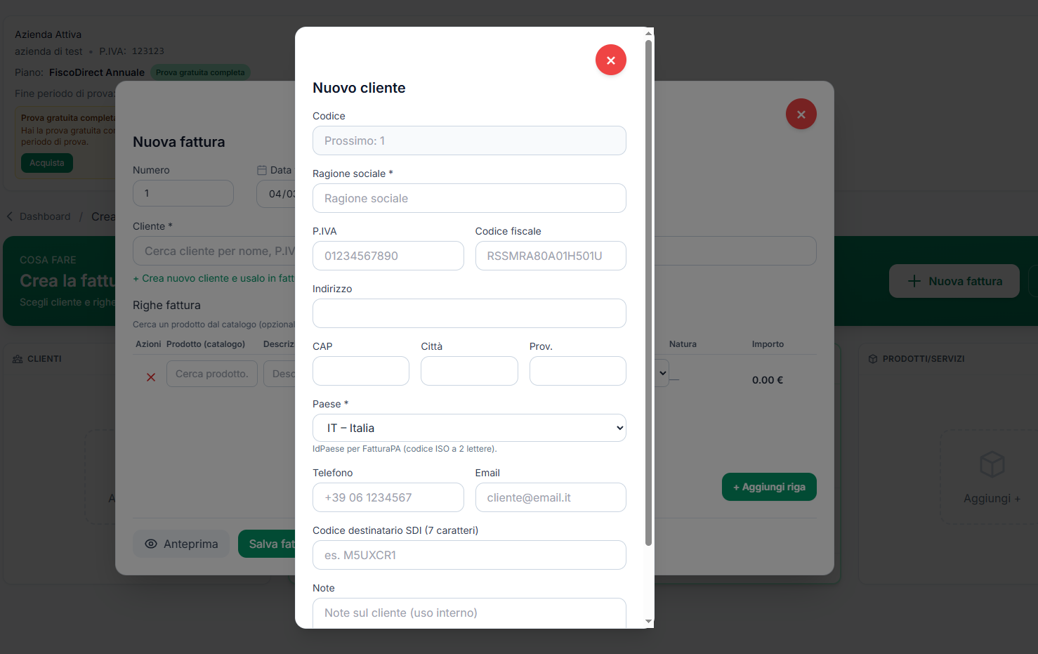 Schermata creazione o selezione cliente in FiscoDirect