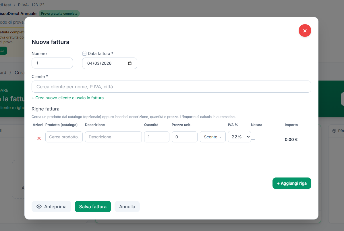Schermata compilazione fattura: righe, descrizione, quantità, prezzo